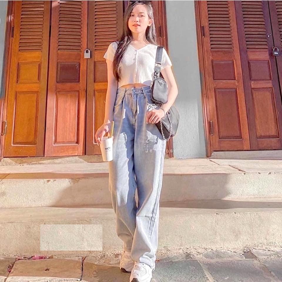 Quần Culottes Jean Thụng Móc Cài PEONYB Nữ [FREESHIP] 🌸 Jeans baggy bò dáng suông ống rộng, cạp cao năng động Ulzzang 🌸