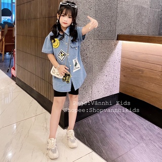 Set áo sơmi jean hình + quần legging chất lừ cho bé 16kg-43kg