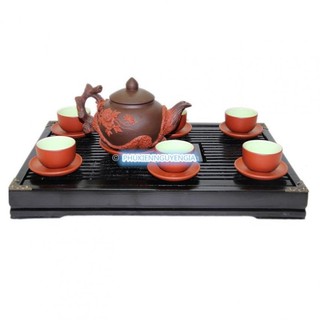 Bộ ấm chén Bát Tràng tử sa phù dung - men đen đắp nổi - đầy đủ phụ kiện( k kèm khay)