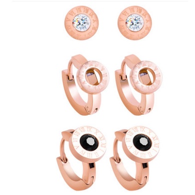 Bộ Ba Chiếc Bông Tai Mạ Vàng Hồng 18K Hình Cỏ Bốn Lá Mặt Cười Thời Trang