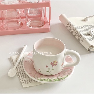 Set tách trà gốm sứ tone hồng mộng mơ (tặng kèm thìa gốm hoa tulip)
