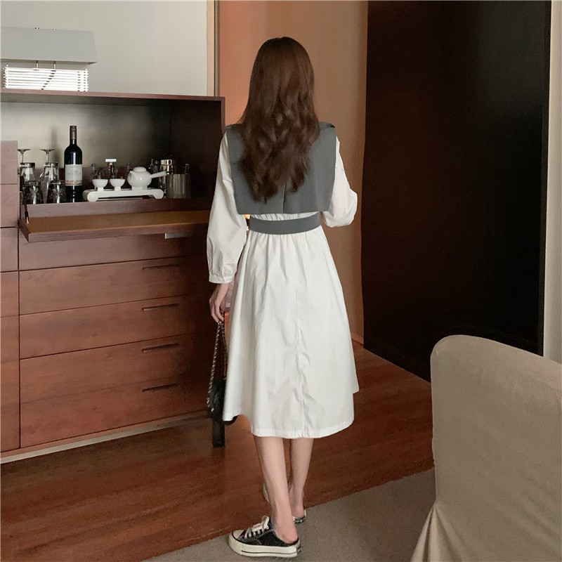 Set váy babydoll trắng + Áo giả da cổ sơ mi khuyết tay đi liền thắt lưng