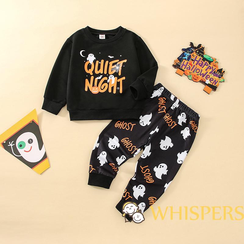 Set Đồ Halloween 2 Món Gồm Áo Cổ Thuyền Tay Dài In Hình Ma Và Quần Dài Dễ Thương Cho Bé