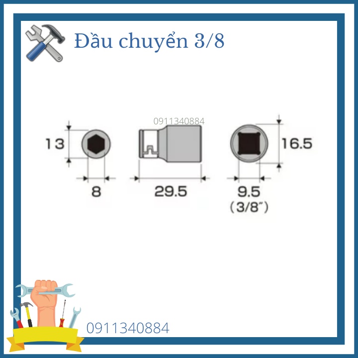 Đầu chuyển 3/8'' sang mũi vít 8mm Anex Nhật Bản-Đầu cắm chuyển đổi đầu tuýp 3/8 inch