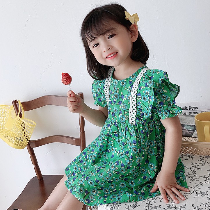 Đầm Hoa Tay Phồng Cổ Tròn Kiểu Hàn Quốc Cho Bé Gái