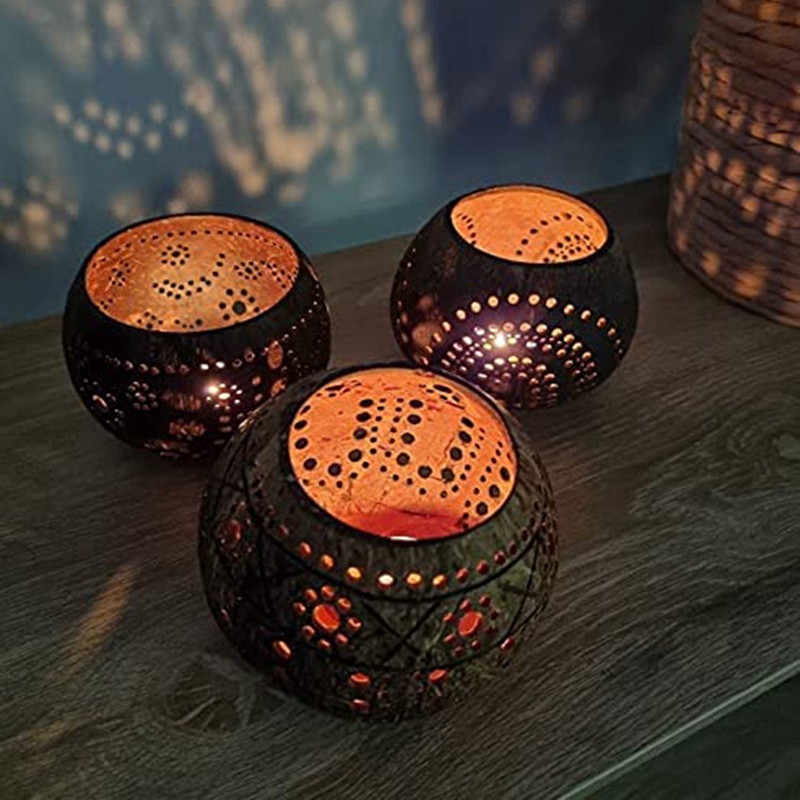 Đế Nến Bằng Gỗ Dừa (Bộ 3 Cái) Với Nến Thơm Dừa - Trang Trí Boho