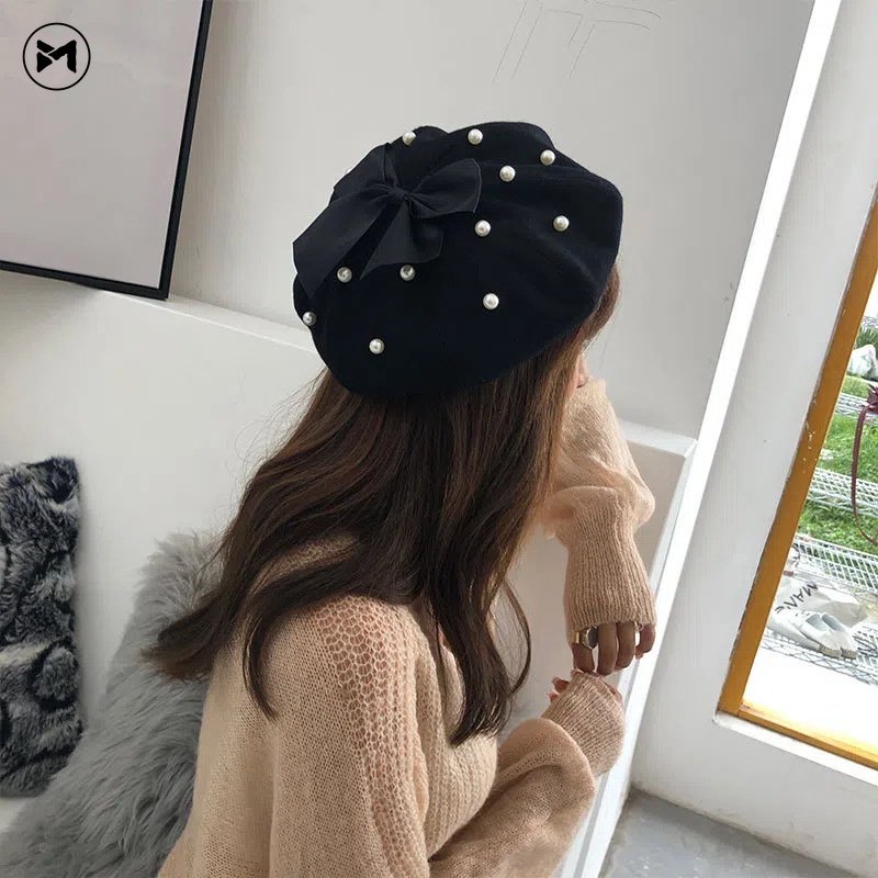 Mũ Beret Len Dày Đính Nơ Ngọc Trai Thời Trang Nhật Hàn Mới 2022