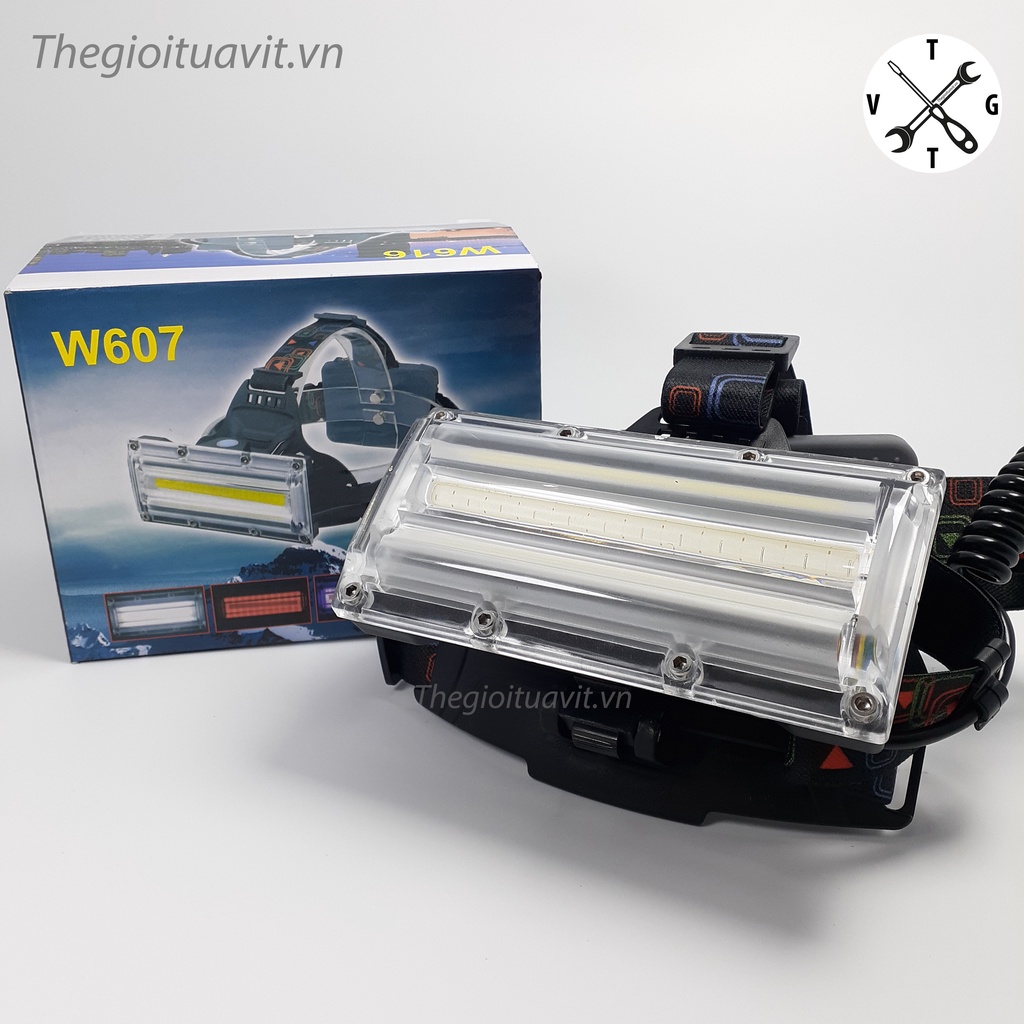 Đèn LED W607 đeo trán, gài mũ bảo hộ siêu sáng tỏa rộng, có 3 pin 18650 đi kèm