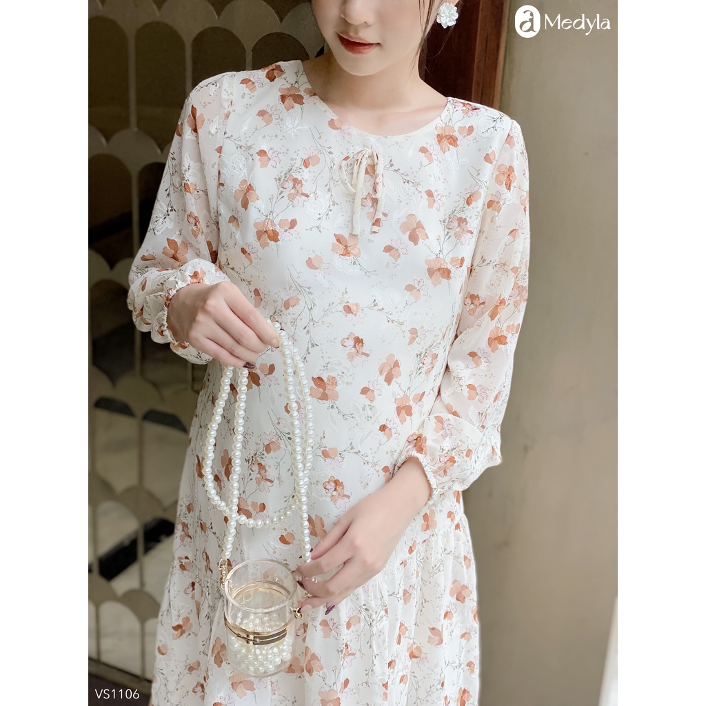 MEDYLA - Đầm bầu dự tiệc thu đông thiết kế 2 lớp tơ lót lụa in hoa be nâu cho bầu đi tiệc - VS1106