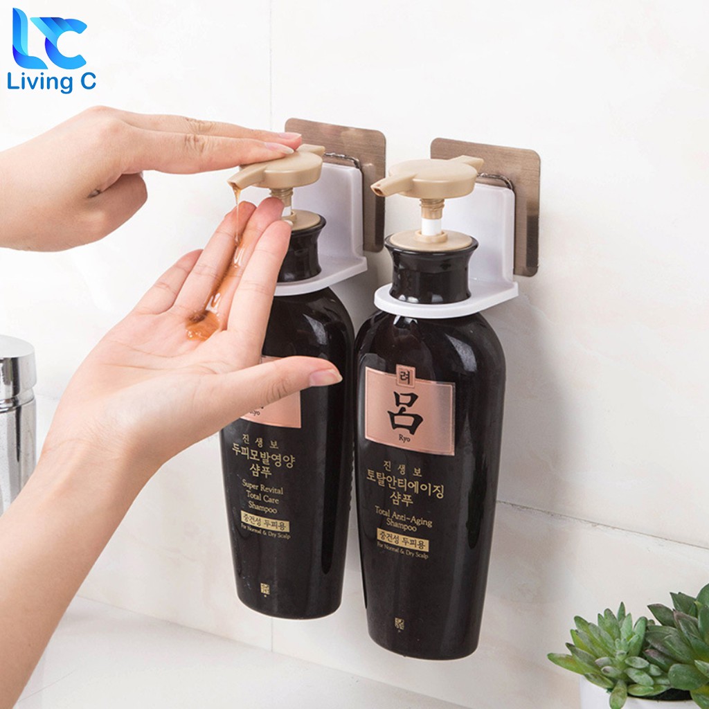 Giá móc treo chai nước rửa tay , dầu gội đầu sữa tắm dán tường Living C siêu dính chịu lực 3kg _TC