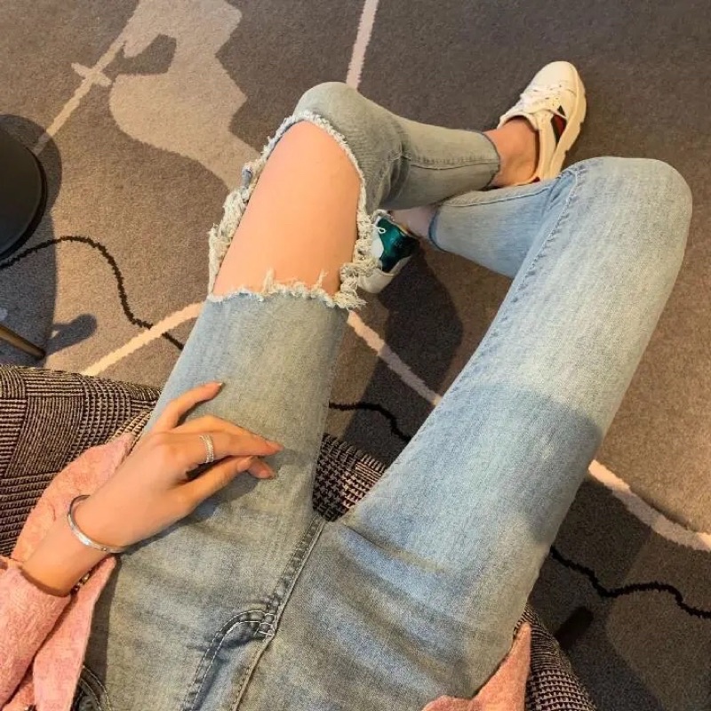 Quần jeans nữ lưng cao siêu co giãn quần bò rách đùi mã ZELE08