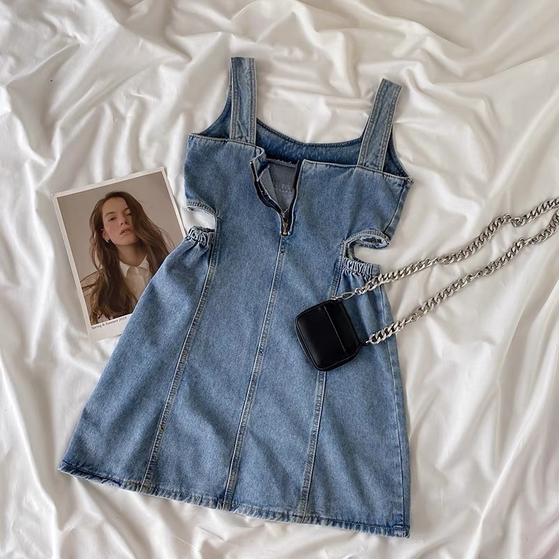 Váy Jeans Denim Quảng Châu (loại 1) Hình thật, Đầm denim dáng ngắn Ulzzang Style