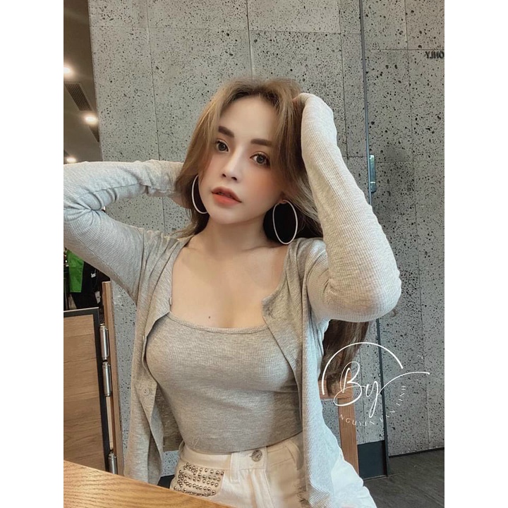 [FREE SHIP] sét hai món áo hai dây form ngắn kèm áo khoác ngoài chất len tăm dày dặn hàng quảng châu cao câp ❤️⭐️sa045