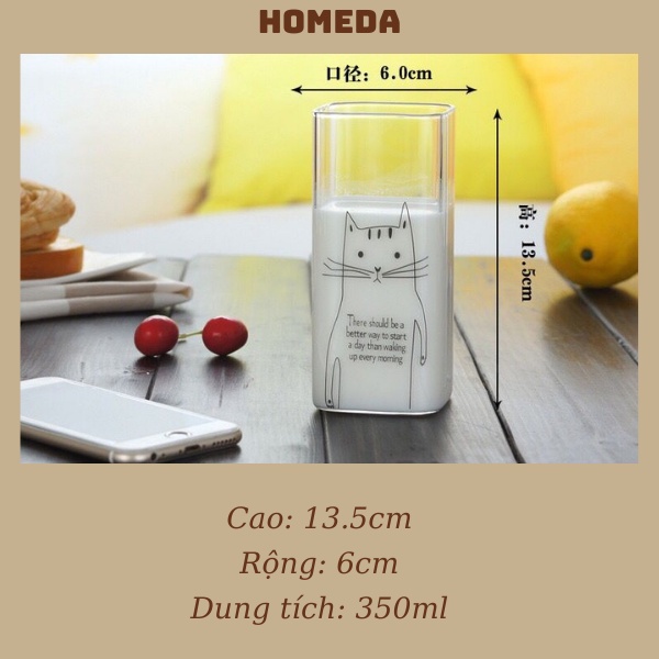 Ly Thủy Tinh Vuông hình thú dễ thương trong suốt chịu nhiệt, Cốc uống nước, ly cà phê đa năng tiện dụng nhà bếp HOMEDA