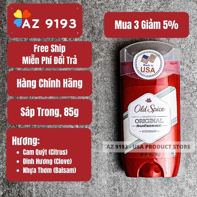 [Hàng Mỹ] Lăn Khử Mùi Nam Old Spice FRESH, PURE SPORT, ORIGINAL High Endurance 85g Khử Mùi Hôi, Giảm Vàng Áo- AZ 9193