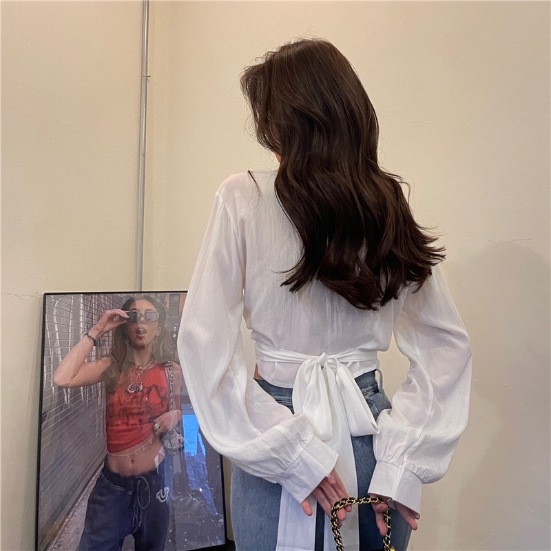 【ZHELIHANGFEI】Áo Sơ Mi Cổ Bẻ Lưng Cao Đính Nơ Trẻ Trung Quyến Rũ Dành Cho Nữ