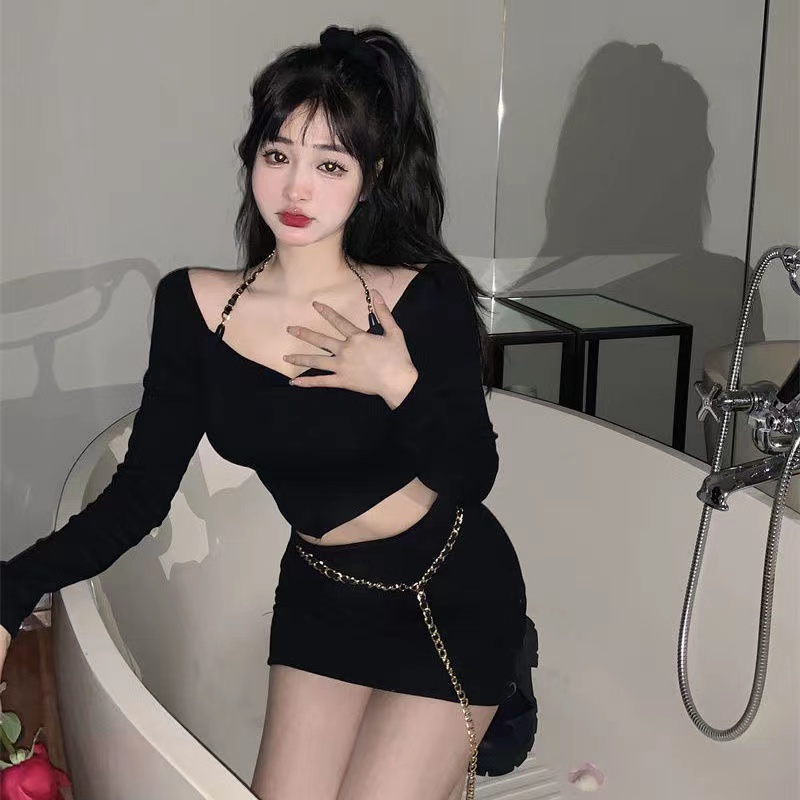 Set Áo Thun Hở Lưng + Chân Váy Ôm Mini Phong Cách Hàn Quốc Quyến Rũ Dành Cho Nữ