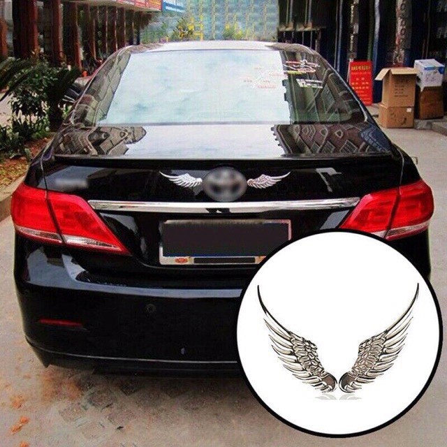 (THANH LÝ)  Tem dán trang trí xe hơi hình đôi cánh thiên thần 3D Ôtô decal bằng hợp kim kẽm bạc