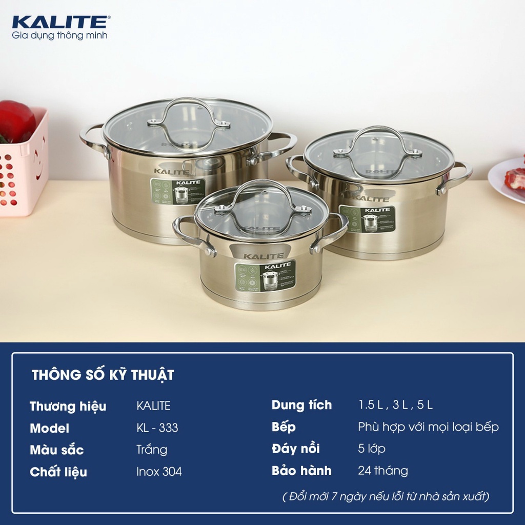 Bộ nồi inox chống dính 3 món Kalite KL-333 siêu bền, hợp kim kim loại tăng khả năng tỏa nhiệt