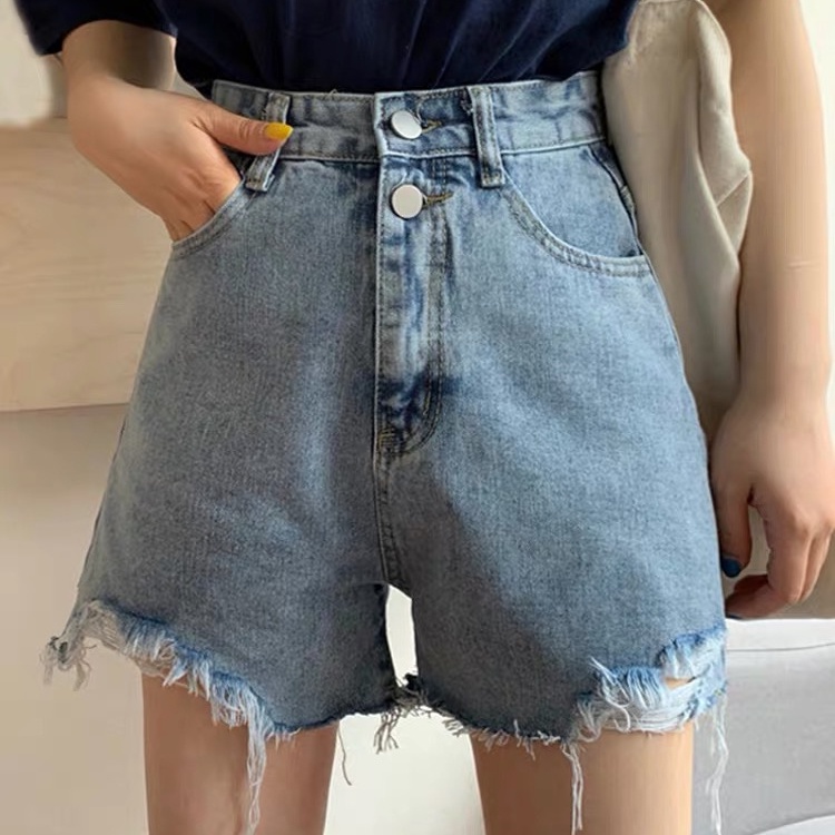 Quần Short Denim Lưng Cao Màu Xanh Nhạt Thời Trang Mùa Hè Hàn Quốc Cho Nữ