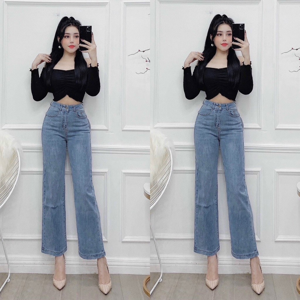 [Size 55-93kg] Quần Ống Rộng Bigsize Co Giãn Mạnh - 9 Tấc Lưng Cao - Quần Jeans Suông Xanh Nhạt