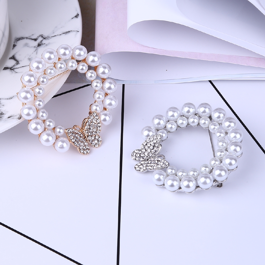 Ghim cài áo hình bươm bướm màu vàng / bạc đính 2 vòng ngọc trai giả xinh xắn