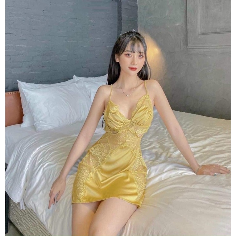 Váy Ngủ Lụa Phối Ren satin sexy cao cấp Đầm mặc nhà gợi cảm quyến rũ SP039