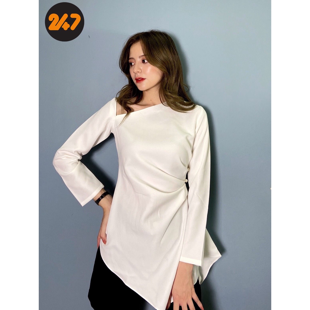Áo sơ mi kiểu tiểu thư lệch vai sang chảnh tôn eo mặc đi làm, đi tiệc ảnh thật shop chụp | BigBuy360 - bigbuy360.vn