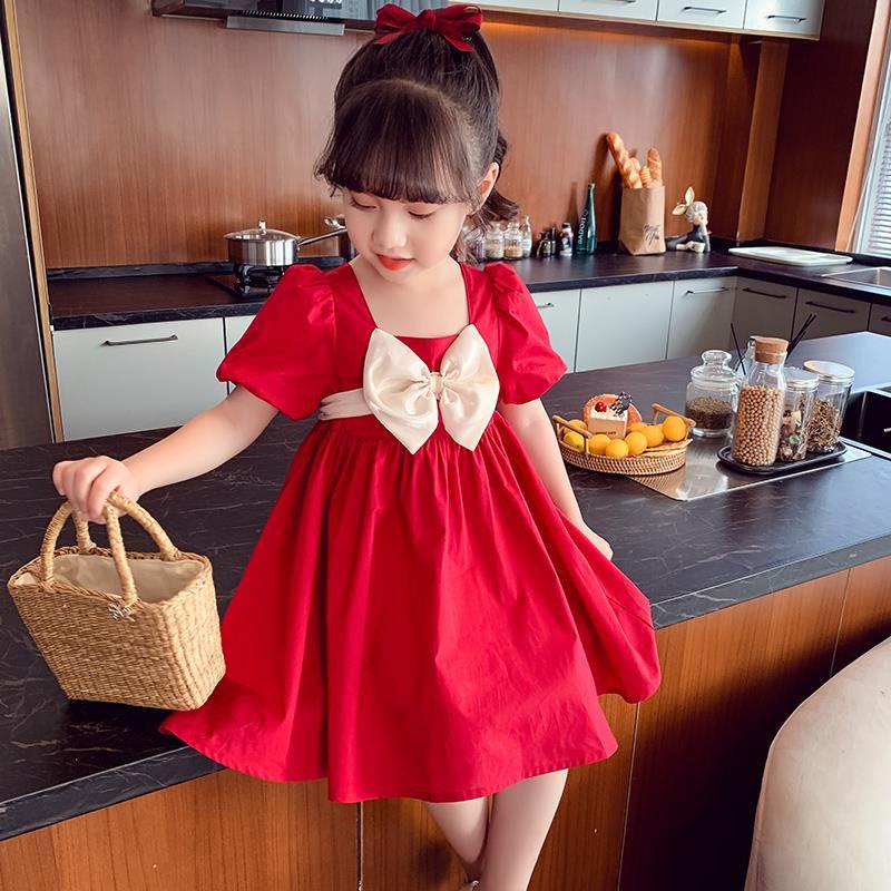 [Kacily]Quần áo bé gái 1-9 tuổi Váy lưới màu đỏ tía cho bé gái Bé gái váy ngắn tay thường đầm bé gái Váy trẻ em