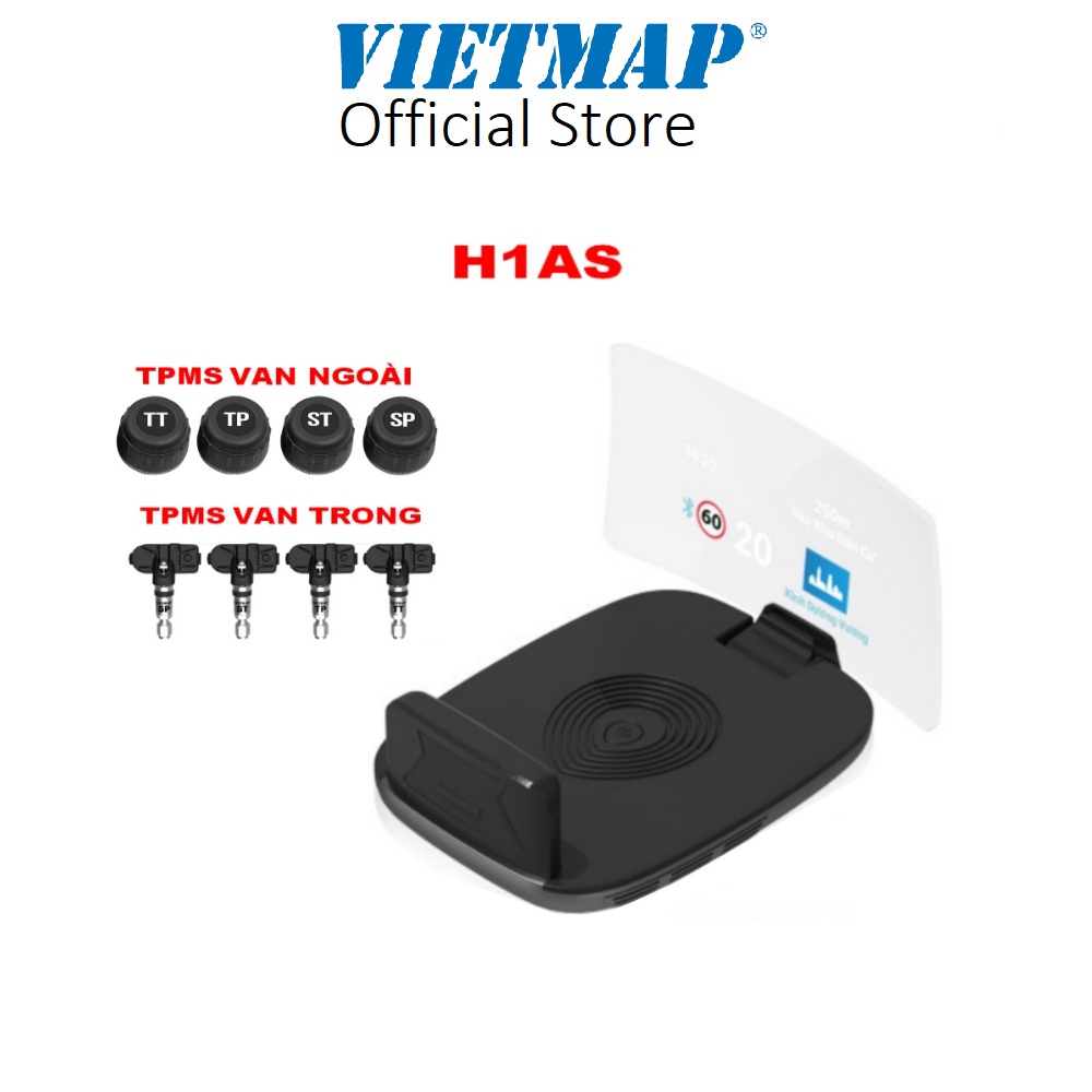 VIETMAP H1AS - Hud Dẫn Đường CẢNH BÁO Camera - Giao Thông- Tốc độ- Cảm Biến Áp Suất Lốp- Hàng Chính Hãng