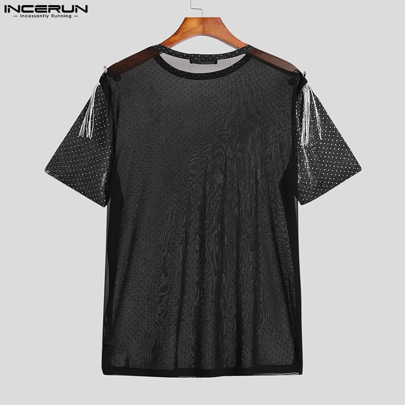 Áo thun Incerun đen ngắn tay phối tua rua sau lưng thời trang cho nam