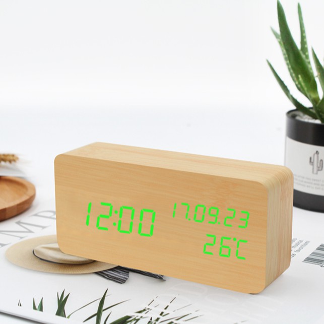 Đồng hồ giả gỗ LED PONSI hình chữ nhật tiện dụng đo thời gian, ngày tháng, nhiệt độ phòng.