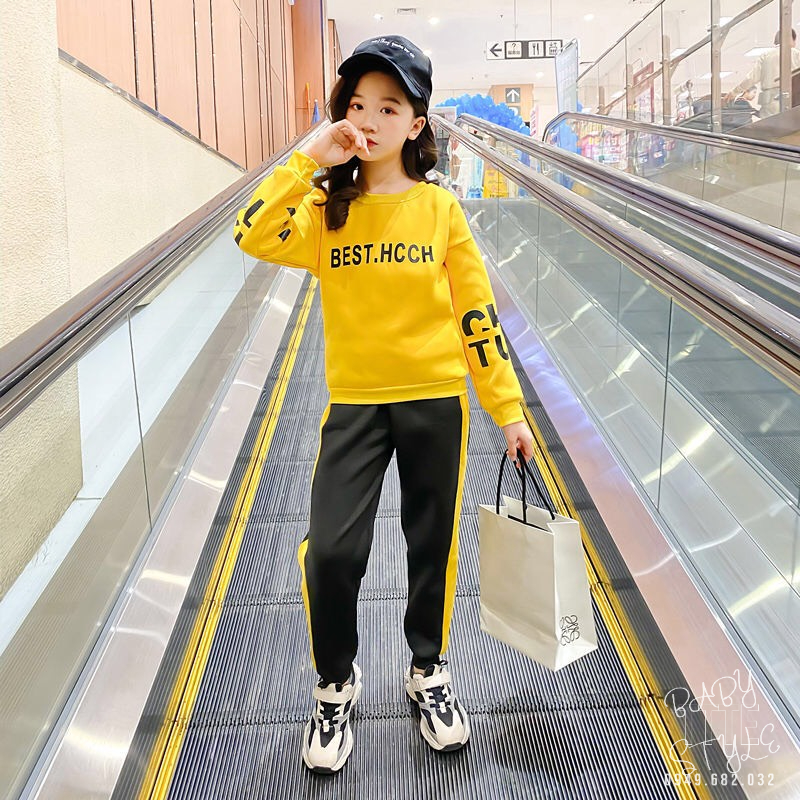 Bộ quần áo nỉ thu đông &quot;BEHT&quot; 14-45kg cho bé gái 4-15 tuổi. Vải da cá dày dặn. Ấm áp. G37