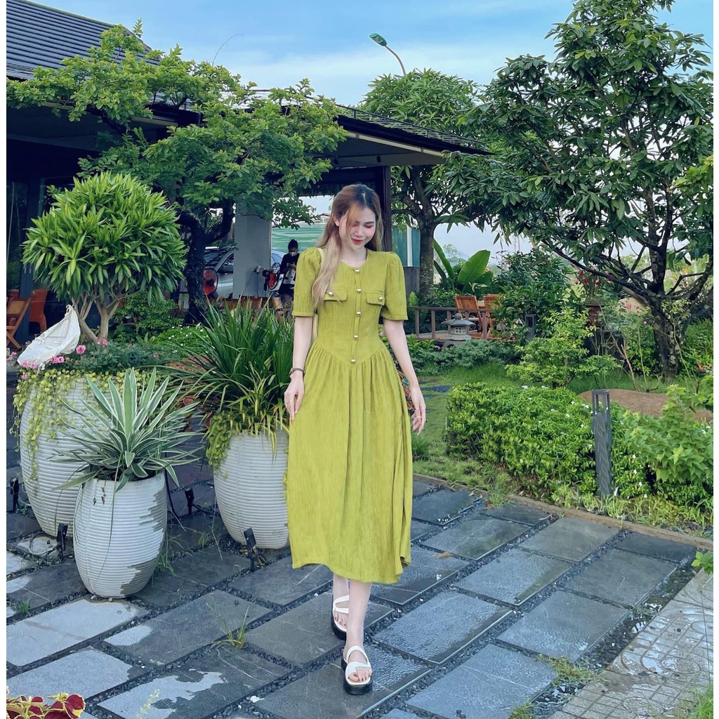 : Váy li cúc nhún eo 2 form màu xanh cốm cúc đồng kẻm ảnh thật trải sàn LOLLA FASHION