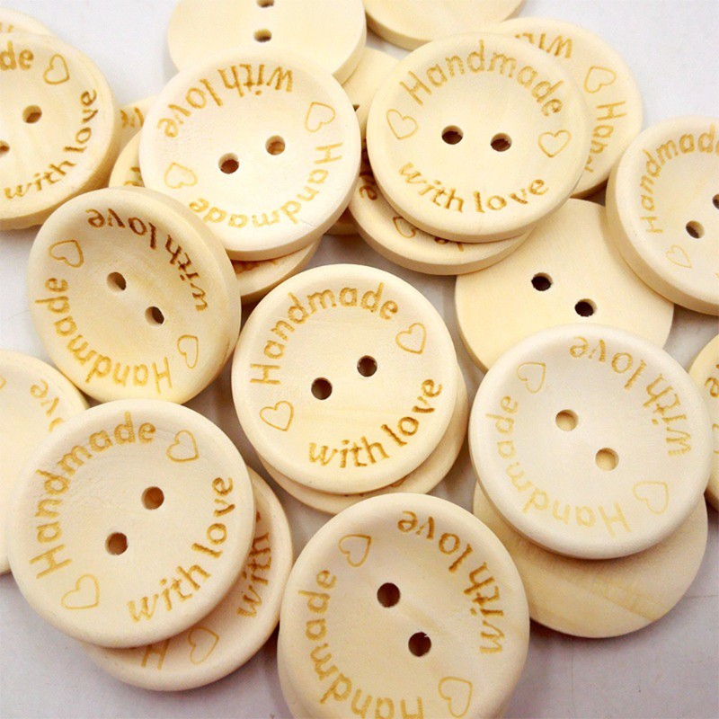 zong  65Pcs 1inch Wooden Button, 25mm 2 Holes"Handmade with Love" Round Wood Buttons with Storage Box for Sewing and Crafting
