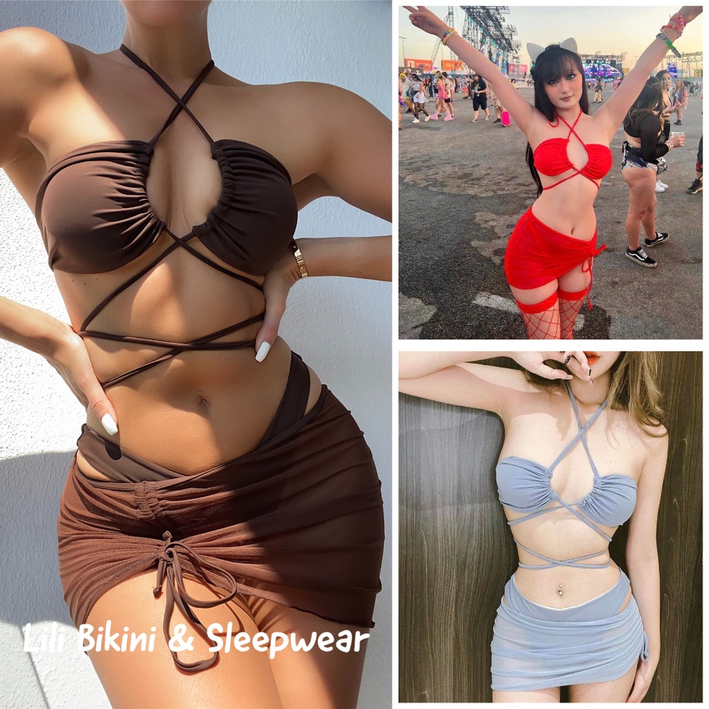 Bộ đồ bơi bikini Âu Mỹ 3 mảnh kèm váy sexy hàng Quảng Châu cao cấp 3 màu nâu, đỏ, xanh dương