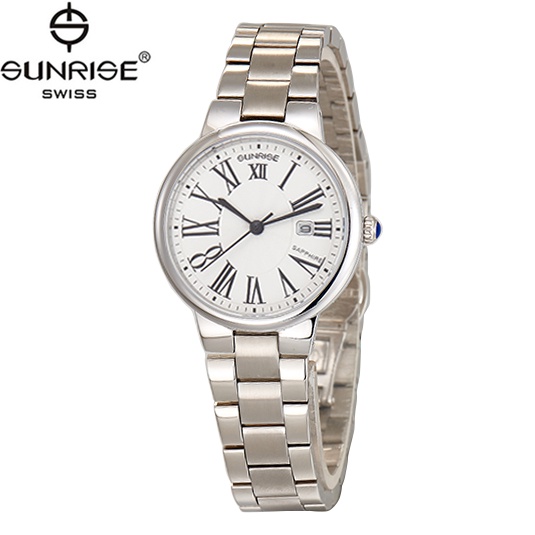 Đồng hồ nữ dây kim loại mặt kính chống xước sapphire Sunrise 2133 2133SA SL2133LS trắng