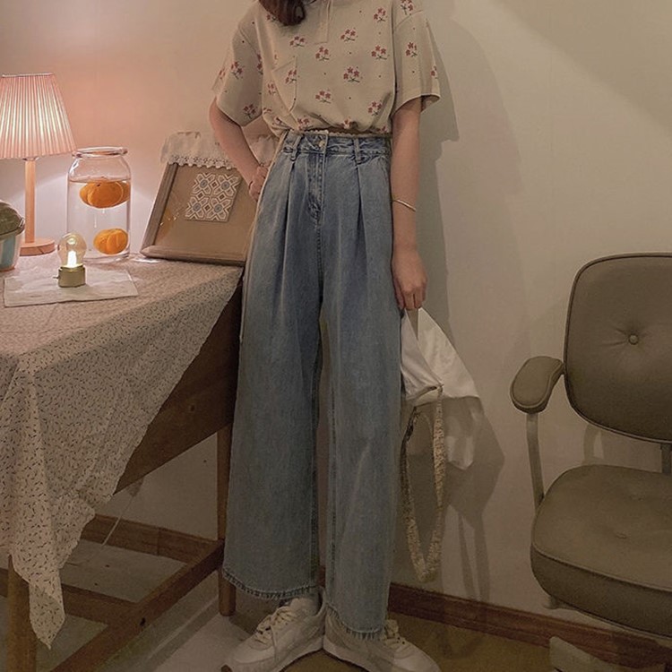 LEEVA - Quần jeans nữ dài phối ren ống rộng Q025