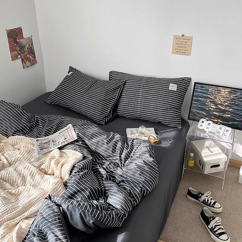 Bộ chăn ga giường TC kẻ Suhali Shop phong cách hàn quốc, set 4 món cotton tici free bo chun | BigBuy360 - bigbuy360.vn