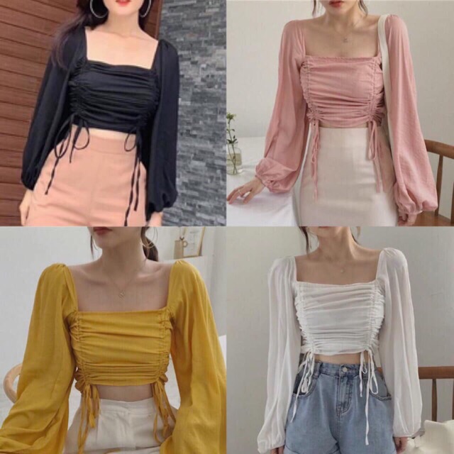 Áo croptop nữ kiểu bẹt vai cổ vuông phối dây rút 2 bên eo chất vải Voan