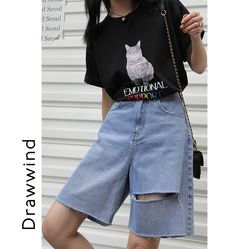 ▧☋❆Bức tranh phong cách vẽ gió mùa hè mới màu đen thô cạnh rách quần short denim nữ thẳng dài năm điểm