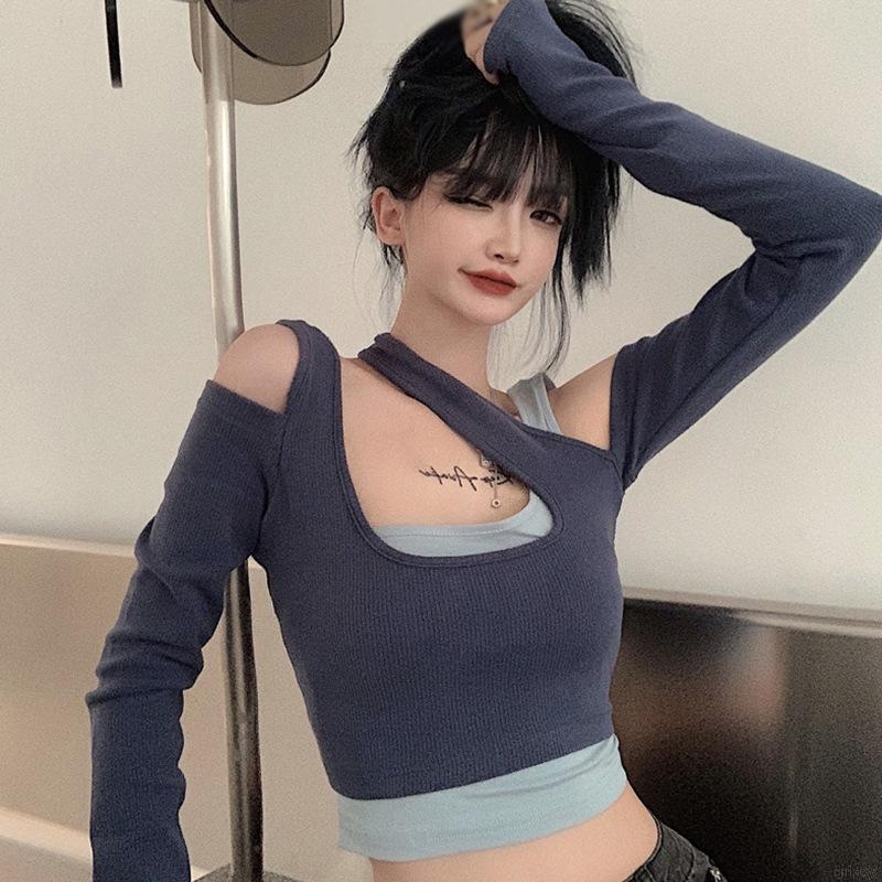 Áo Thun Tay Dài Giả Hai Lớp Phong Cách Hàn Quốc Thời Trang Cho Nữ