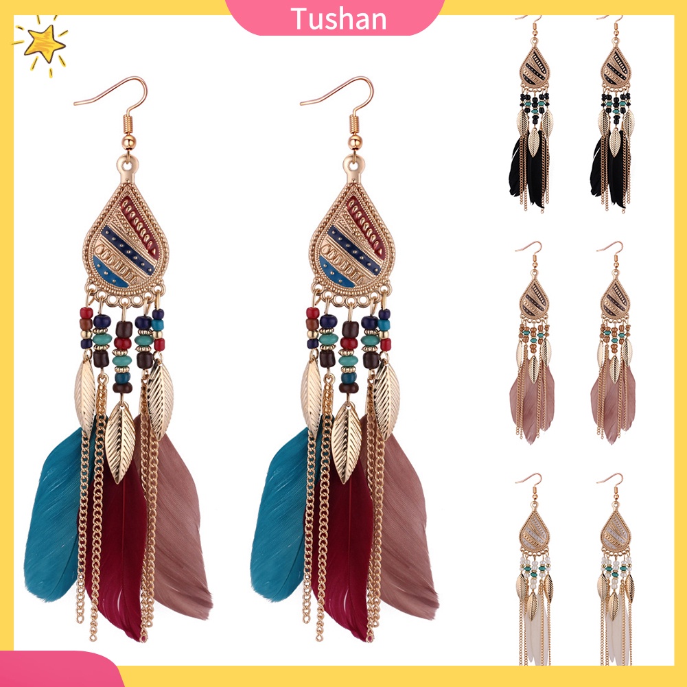 Khuyên tai dáng dài đính lông vũ phong cách thanh lịch dành cho nữ