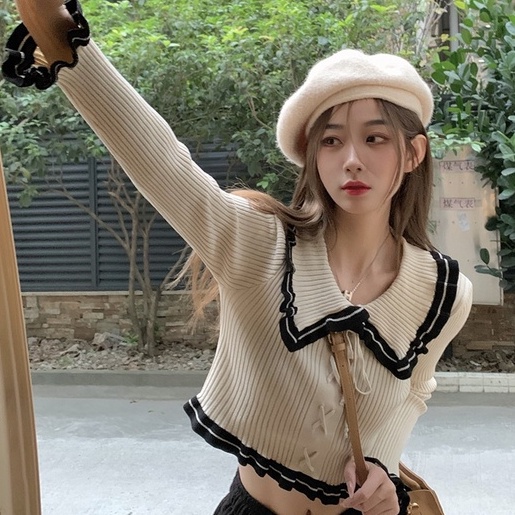 Áo dệt kim ZHELIHANGFEI tay dài cổ búp bê hở eo quyến rũ trẻ trung cho nữ