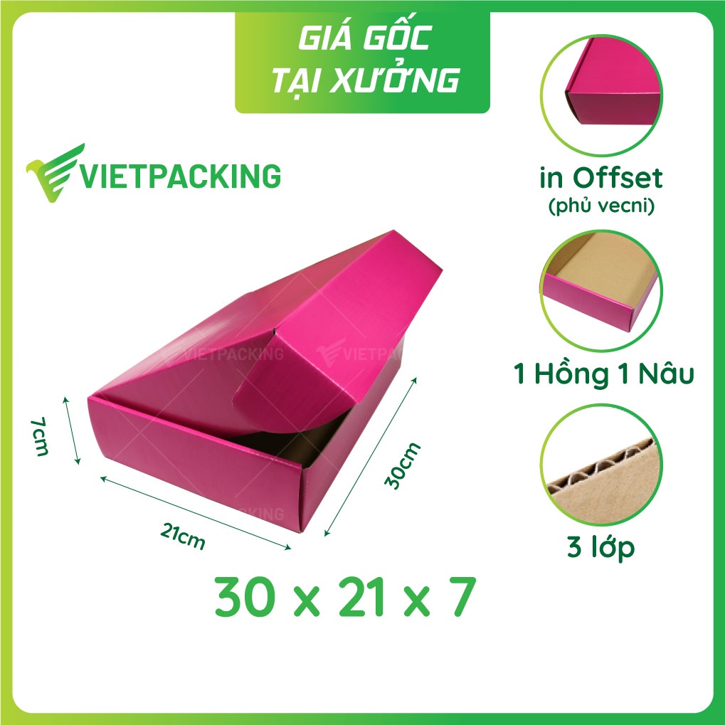 30x21x7 - 8 hộp carton nắp gài hông màu hồng phủ vecni đựng quần áo V1002