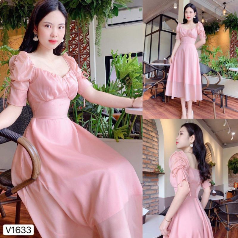 Thời trang thiết kế thương hiệu DVC cao cấp, váy đầm tay phồng, 2 lớp, vải lụa Nhật