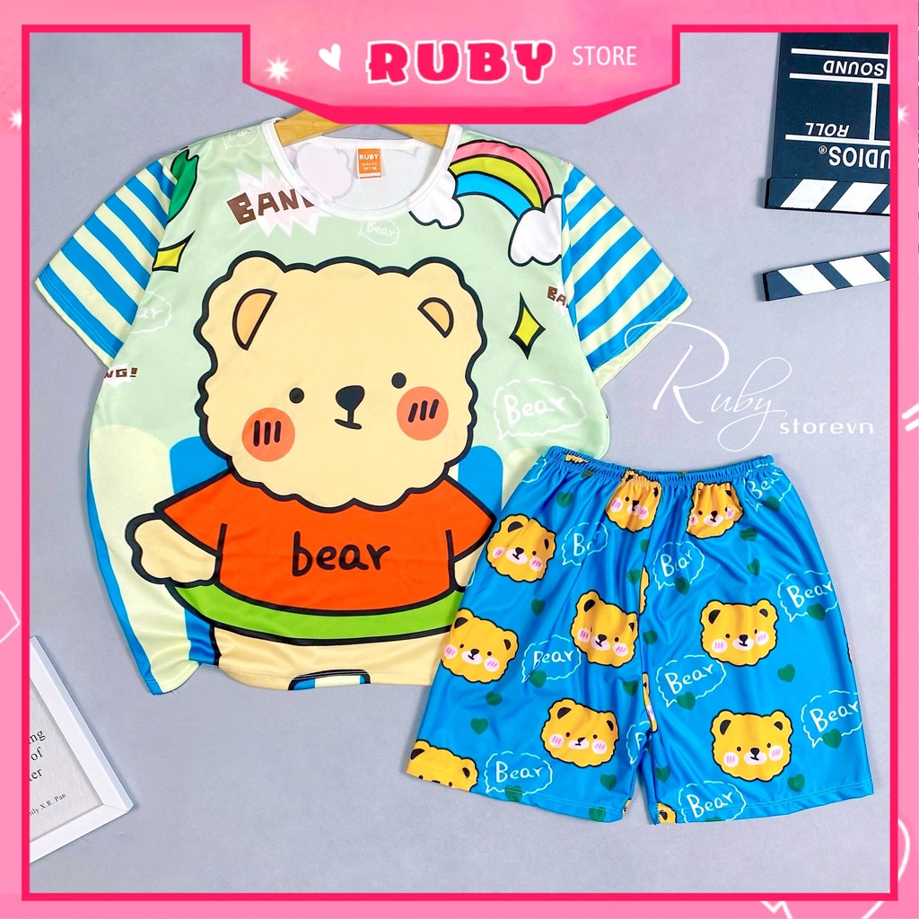 Đồ bộ thun đùi bé trai bé gái in hình gấu hoạt hình dễ thương size đến 70kg chất thun mềm mát DBRBD FULL SIZE