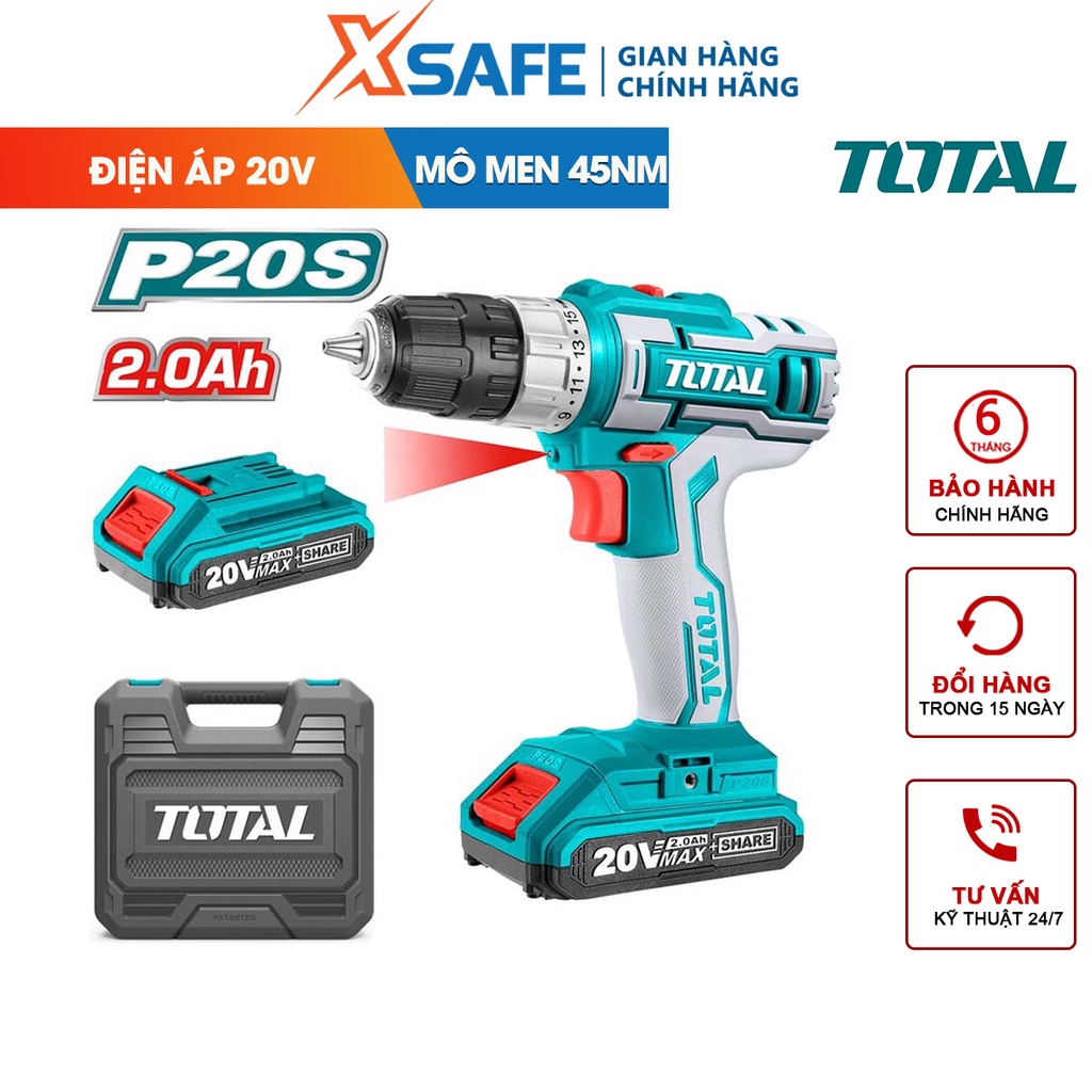 Máy khoan pin cầm tay 20V 10mm Total TDLI200215 hai tốc độ 400-1500rpm, lực mô men 45nm nhông cơ khí 2 tốc độ [Xsafe]