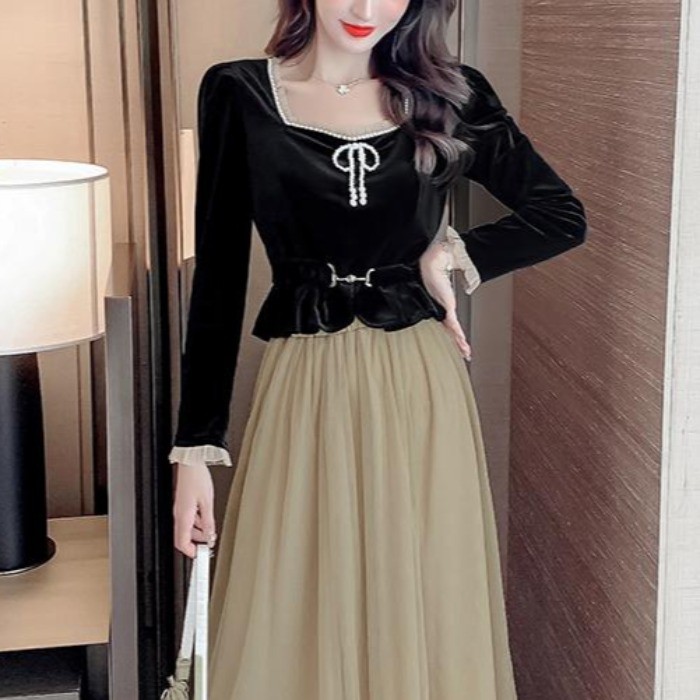 Set Áo Cổ Vuông Dài Tay + Chân Váy Lưới Dài Thời Trang Nữ