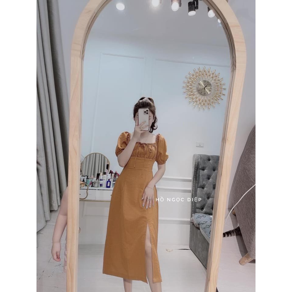 VÁY ĐŨI HỒNG/NÂU CỔ VUÔNG RÚT DÂY XẺ TÀ | BigBuy360 - bigbuy360.vn